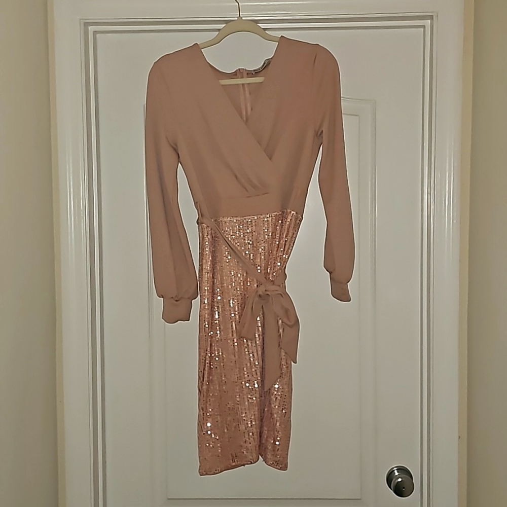 Grace Karin Blush Pink Sequin Wrap Midi Dress